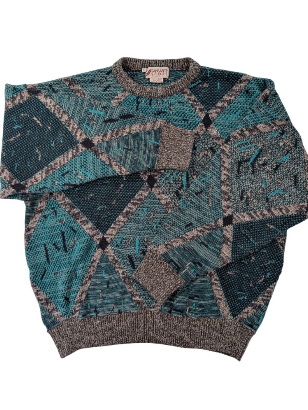 Vtg Abstract Geometric Knit Crewneck Sweater XL Turquoise Gray Retro 80s 90s